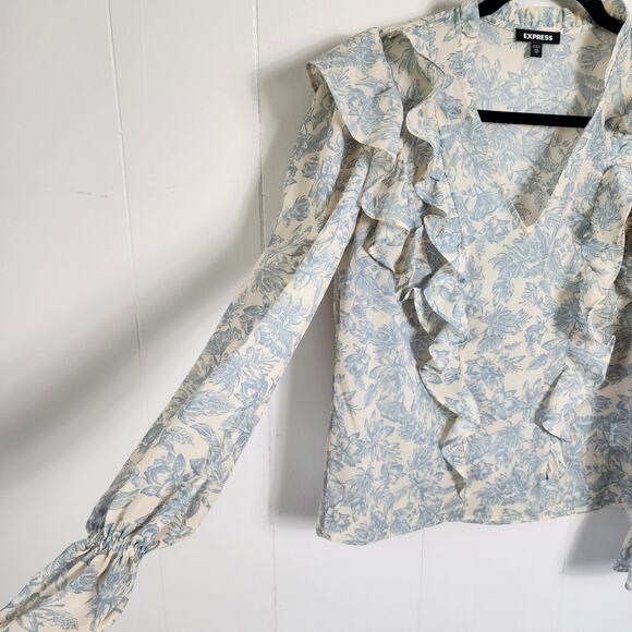 Express Cottagecore Boho Ruffle Poet Blouse Xs Blue Cream - Picture 11 of 11